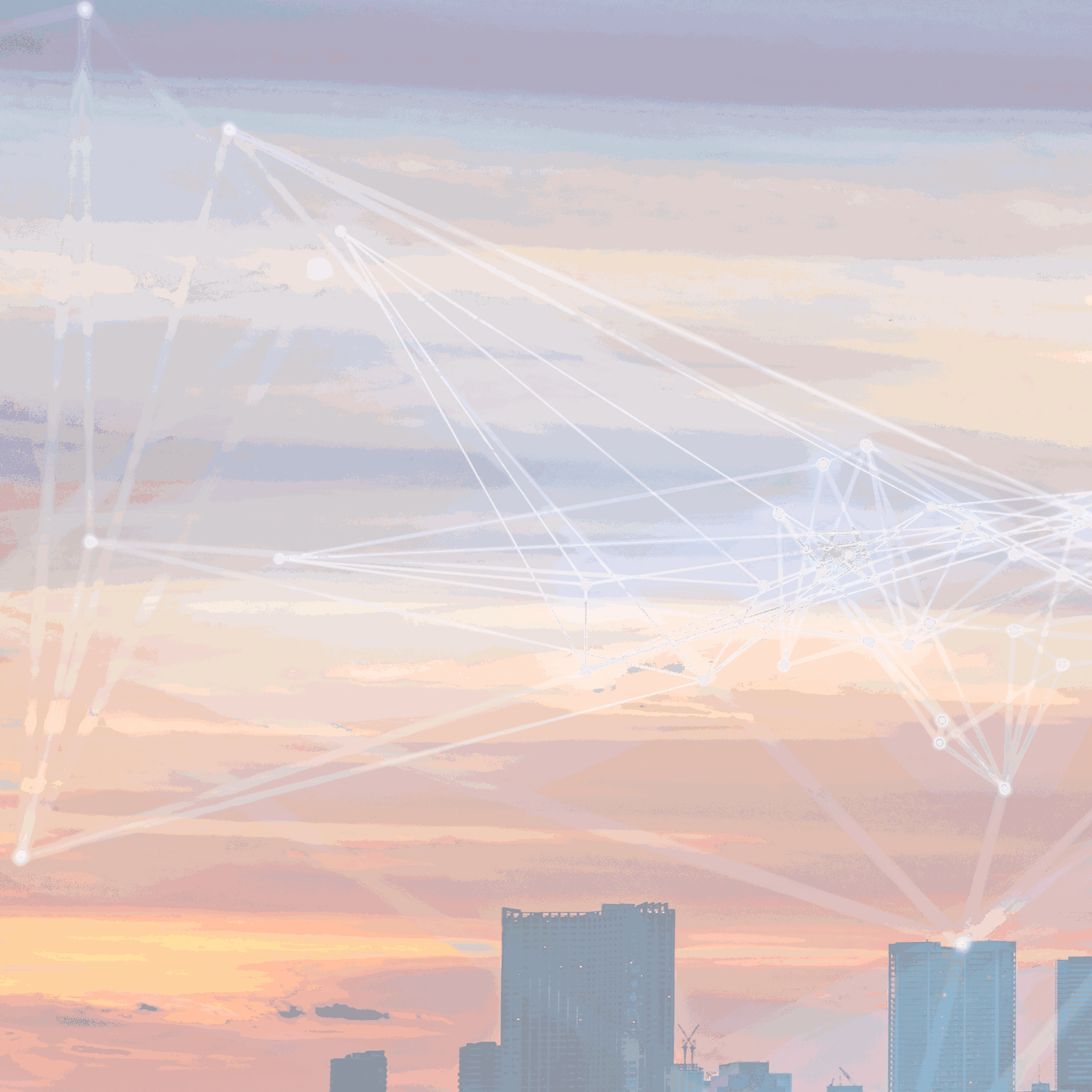 City skyline at sunset with abstract network lines overlay, representing fiber optic connectivity and horizontal directional drilling (HDD) infrastructure by MJ Optics.
