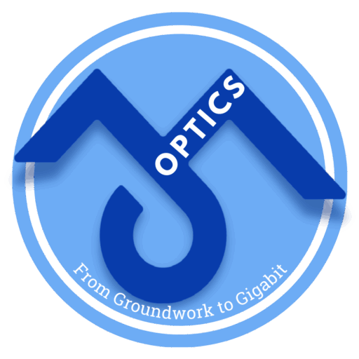 MJ Optics logo featuring stylized "MJ" in bold blue with the word "Optics" and tagline "From Groundwork to Gigabit" inside a circular design.